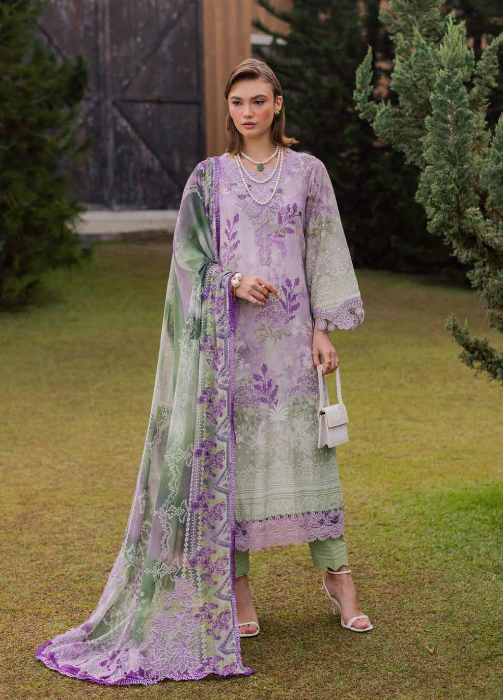 Gardenia Embroidered Lawn By Nureh lawn Pakistani suit front view M&M Couture USA