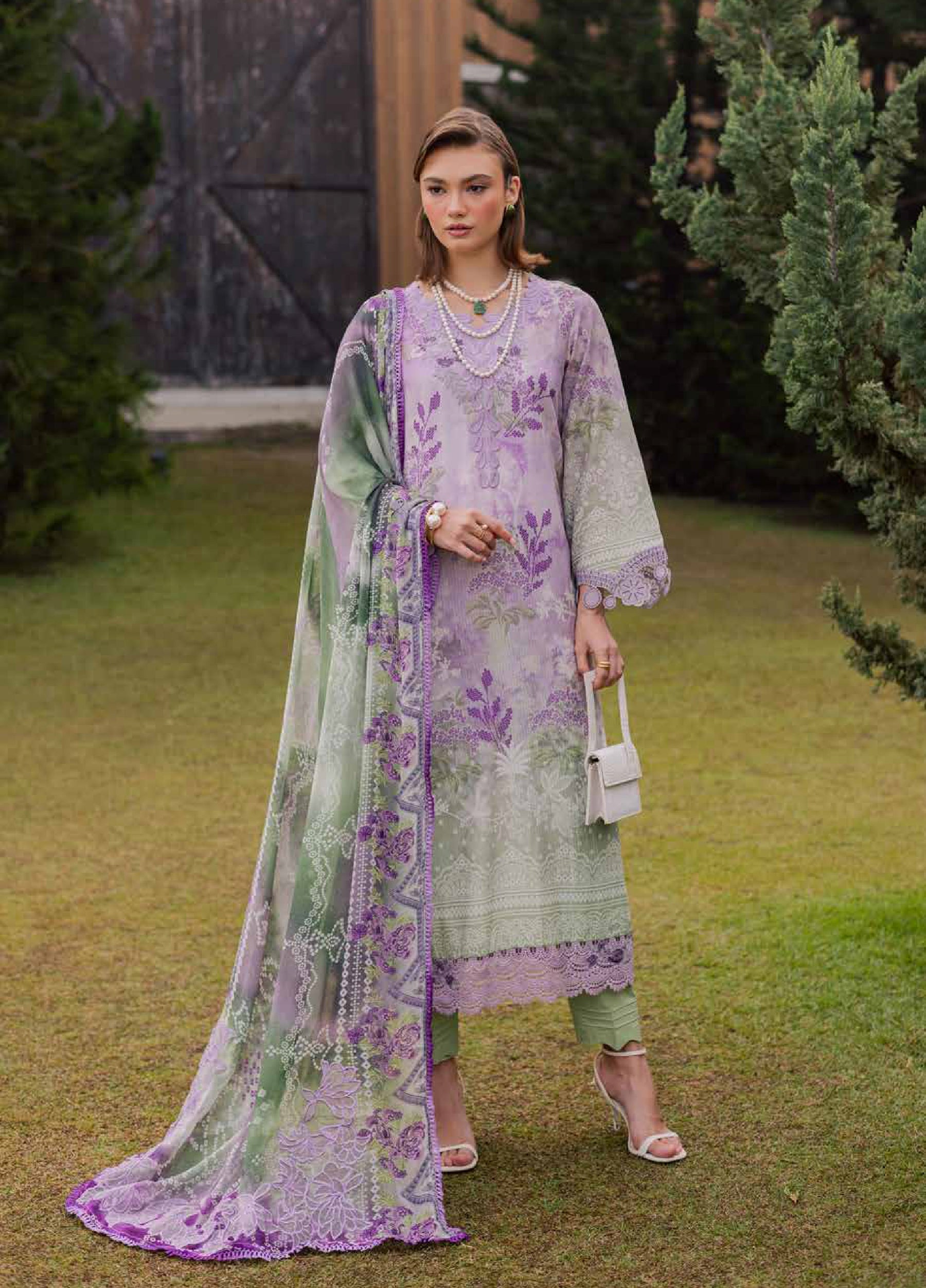 Gardenia Embroidered Lawn By Nureh lawn Pakistani suit front view M&M Couture USA