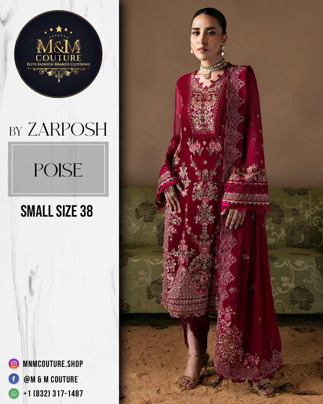 Chiffon – “POISE” by Zarposh chiffon Pakistani suit front view M&M Couture USA