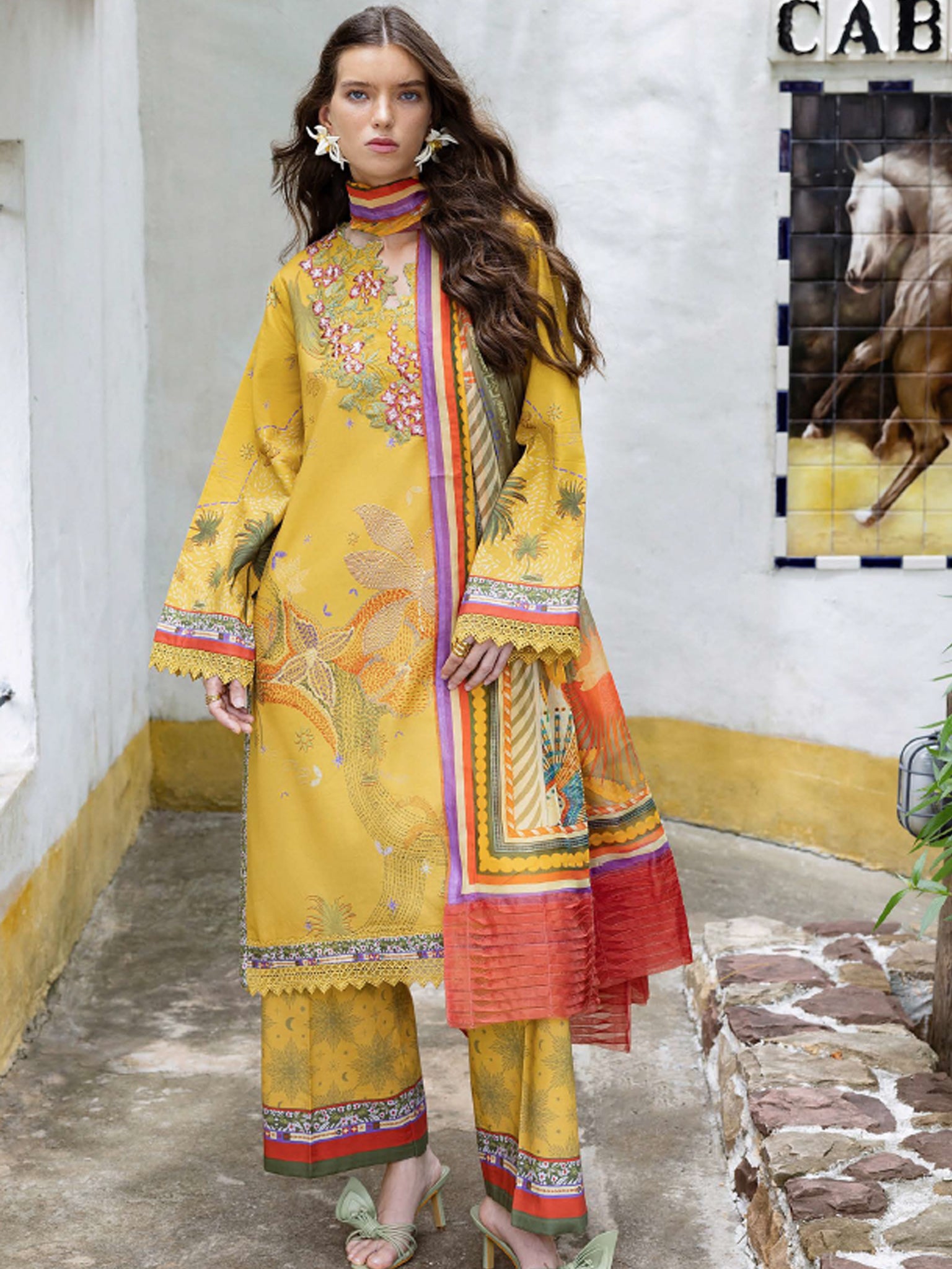 Cambric Cotton – “Sol Arena” by Mushq cotton Pakistani suit front view M&M Couture USA