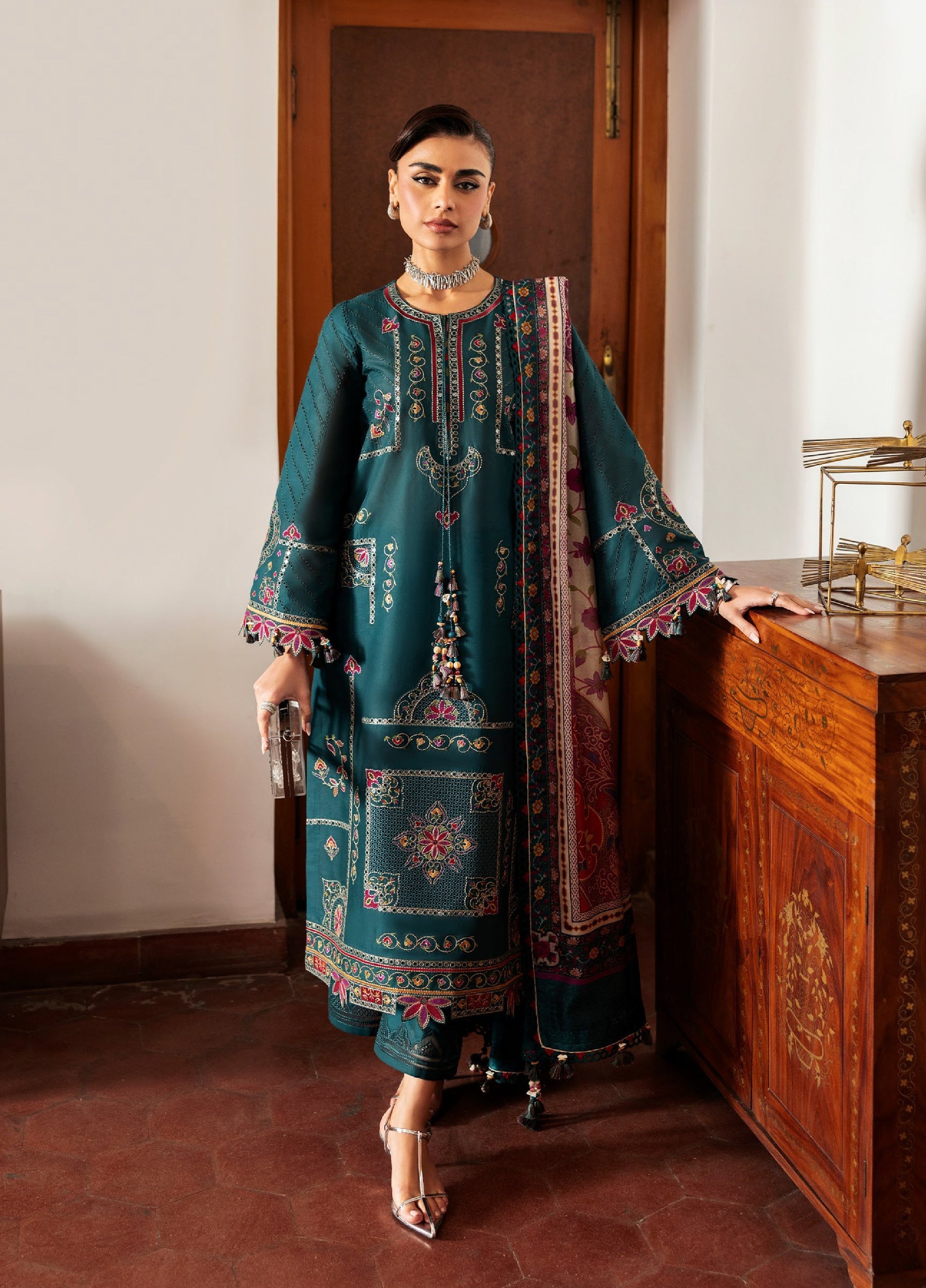 Embroidered Luxury Lawn By Jazmin lawn Pakistani suit front view M&M Couture USA