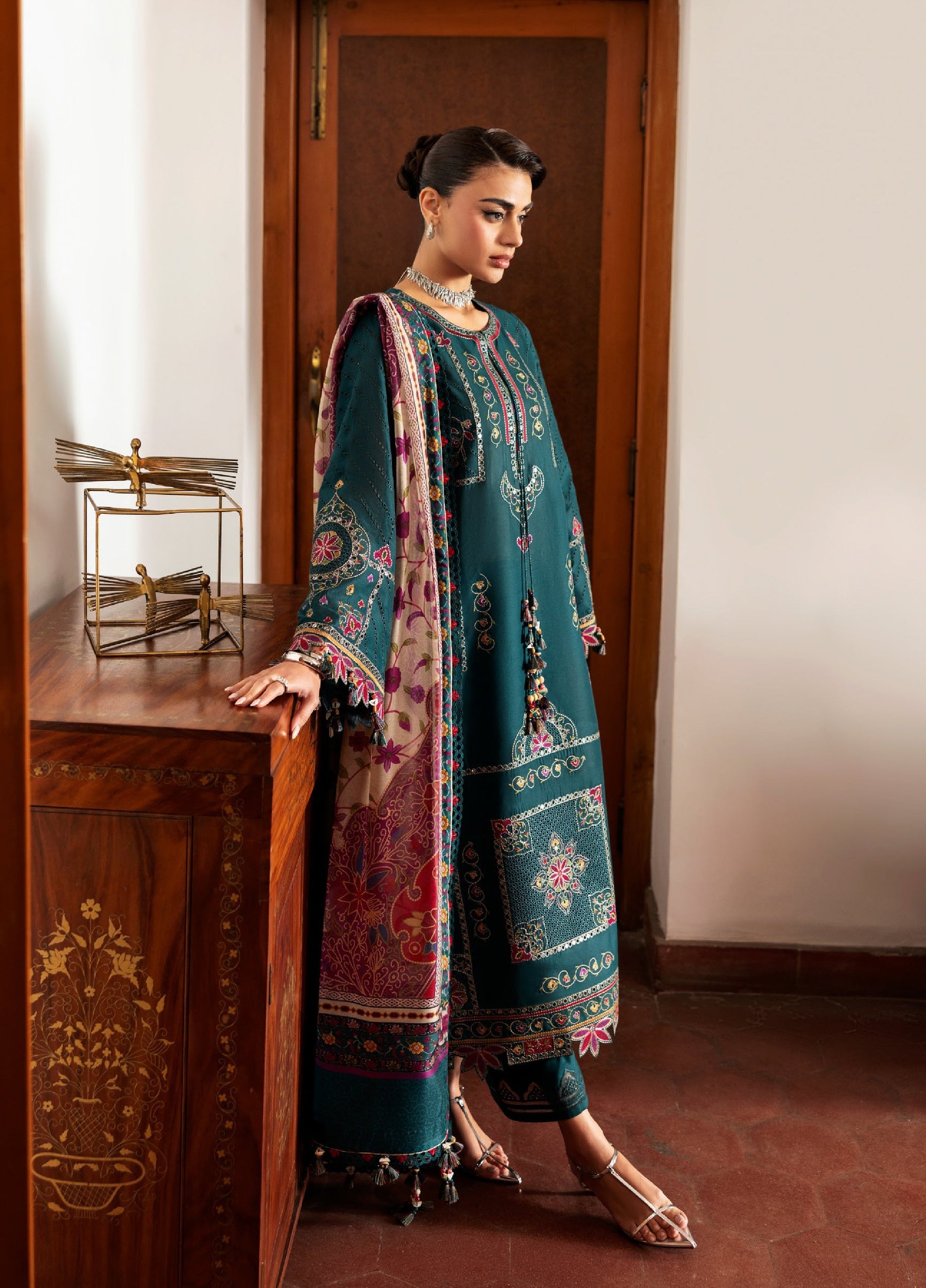 Embroidered Luxury Lawn By Jazmin lawn Pakistani suit detail view M&M Couture USA