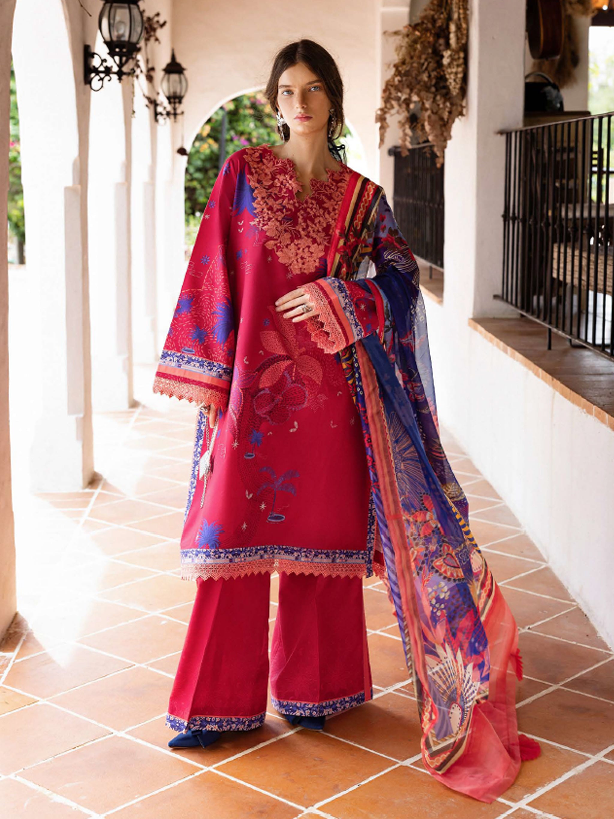 Cambric Cotton – “Voz Dulce” by Mushq cotton Pakistani suit front view M&M Couture USA