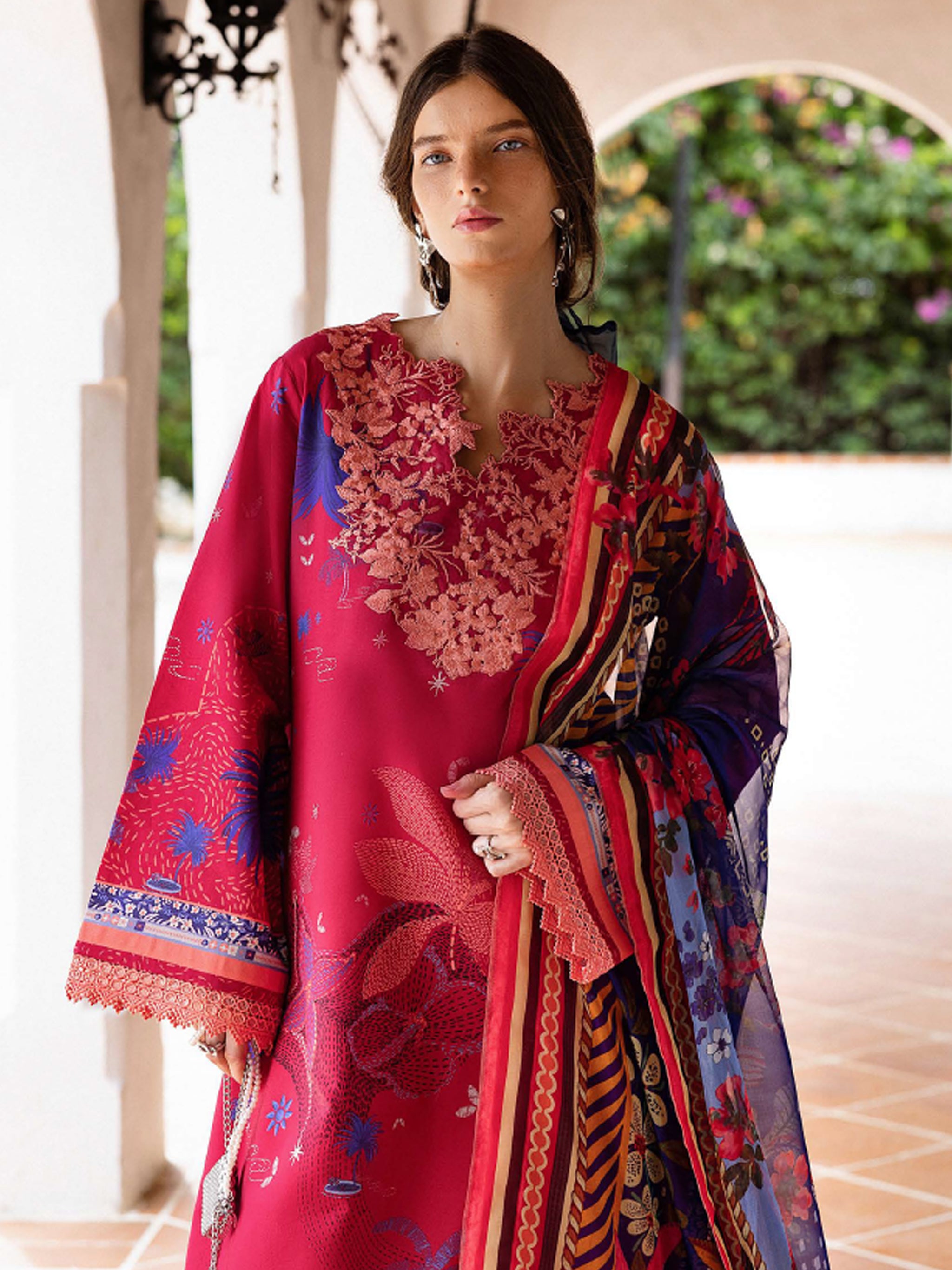 Cambric Cotton – “Voz Dulce” by Mushq cotton Pakistani suit dupatta view M&M Couture USA